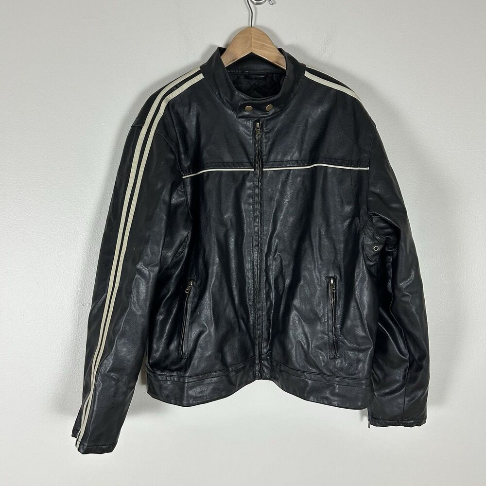 Arizona Men’s Size L Black White Faux Leather Jacket Motorcycle Biker 90s Stripe